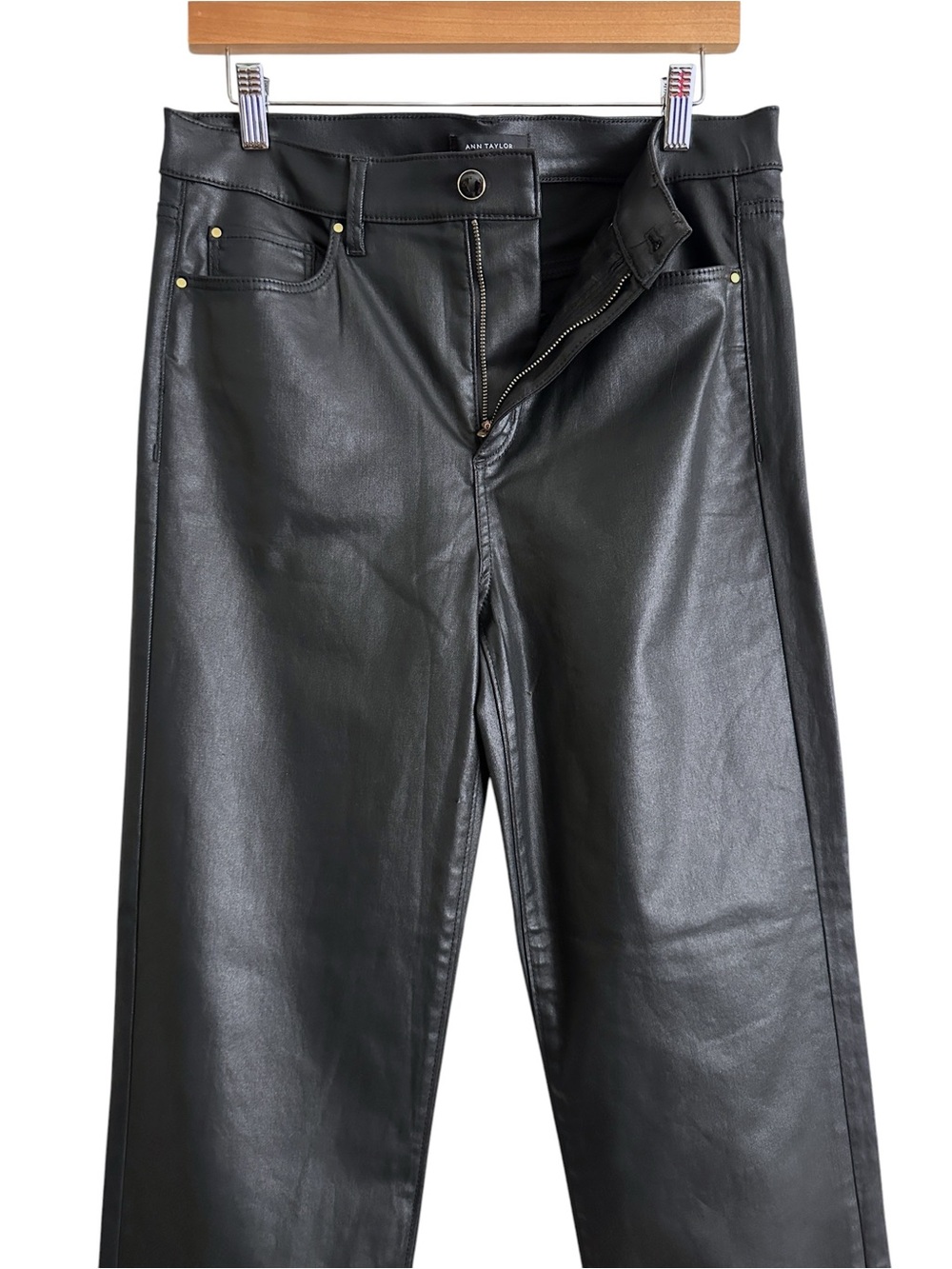 ANN TAYLOR High Rise Coated Straight Pants Black Faux Leather Vegan Leather Sz 8 - Picture 5 of 15